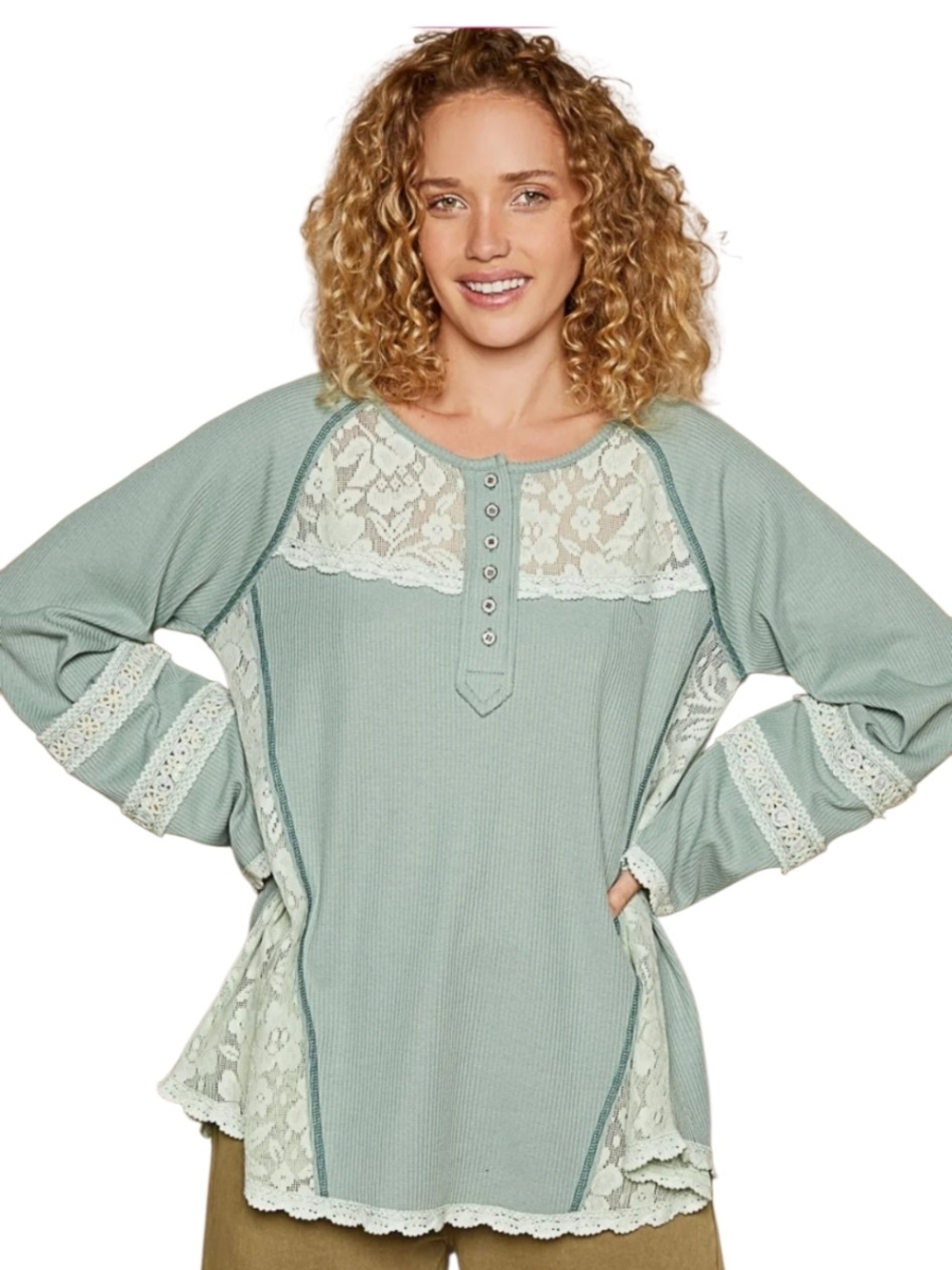 POL Sage Green Thermal Lace Henley Boho Oversized Top Sz L